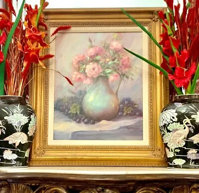 Painting Of Still Life Pink Flower In Oil On Canvas Vase Signed  • $255