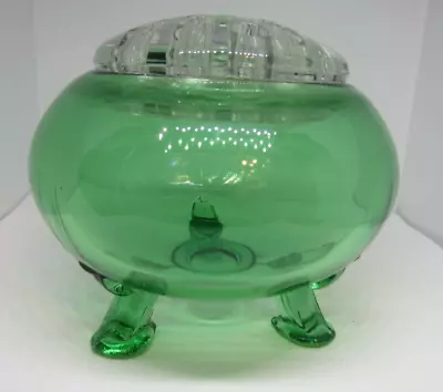 Vintage MCM Viking Glass Flowerlite Three Toed Green W/ Flower Frog Vase Floral • $74.99