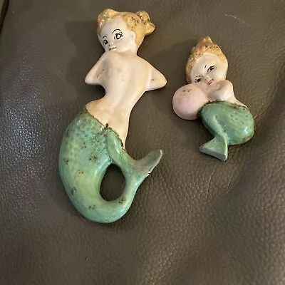 Set Of 2 Vintage Mermaids Ceramic Wall Hangings Gold Green Yellow • $68