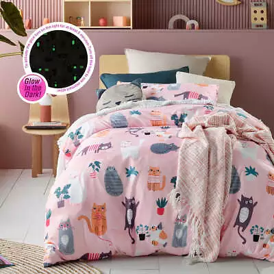 Happy Kids Miaow Cats Glow In The Dark Quilt Doona Duvet Cover Set Single • $51.95