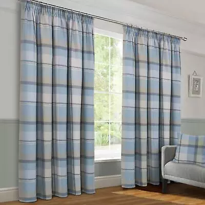 Braemar Check Duck Egg Lined Pencil Pleat Curtain Pair Pencil Pleat Curtains • £76