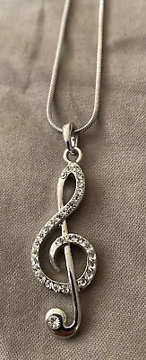 16” Necklace Silver W/ Rhinestones Music Note Pendant On Silver Chain • $5.10