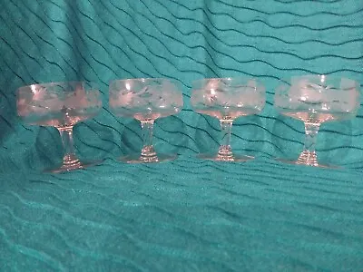 Vintage Set Of 4 Etched Design Crystal Glass Stemware Goblets 3 1/2  Tall • $12