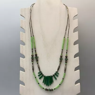 Vintage Necklace Jade Sliver-tone Beads Glass Beads Green Double Strand • $35.99