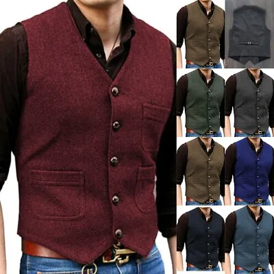 Mens Tweed Vests Herringbone Wool Formal Retro Cowboy Western Vest Large XL XXL • $25.19