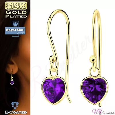 925 Gold Plated  Cubic Zirconia Sterling Silver Drop Dangle Heart Earrings + Box • £7.55