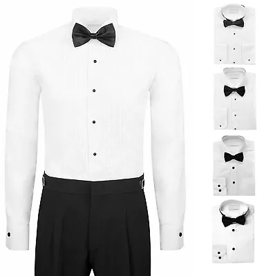 Men's White Formal Tux Tuxedo Pleated Dress Shirt Bow Tie Included 2 Collars • $26.24
