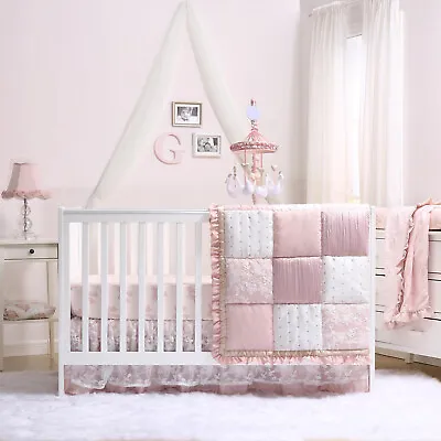 Grace 4 Piece Embroidered Patchwork Baby Girl's Crib Bedding Set • $127.99