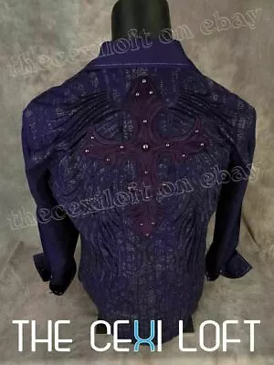 Mens Shirt Purple Grape Huge Velvet Cross Prints Button Front HOUSE OF LORDS • $9.99