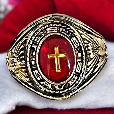 Vintage Ring Size 5 Jesus Saves 18K Gold Plate Red Cabochon Cross Christian 14N • $64.99
