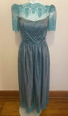 50s 60s Vintage Green Mesh Floral Lace Overlay Dress Formal Bridesmaid 9/10 M • $45