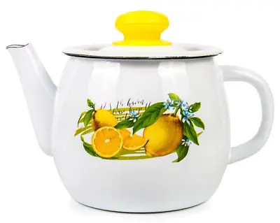 Lemons Enamel Teapot Small Stovetop Kettle Vintage Enameled Tea Pot 1.1 Qt • $29.95