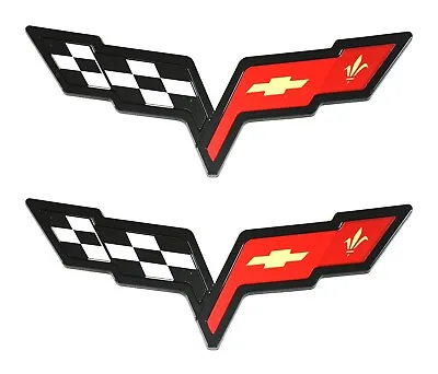 2pcs C6 Emblems For 2005-2013 C6 Corvette Front Hood Rear Crossed Flag Black Red • $28.04