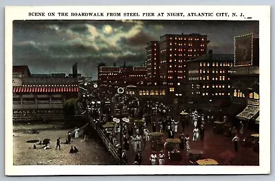 Boardwalk Steel Pier At Night Atlantic City New Jersey White Border Postcard • $5