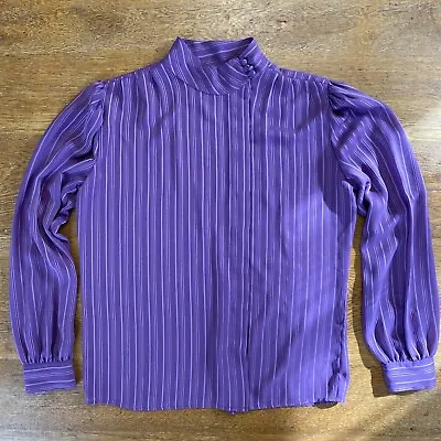 Vintage Josephine High Neck Striped Purple Blouse Size 12 Long Sleeve 80’s Sheer • $8.50