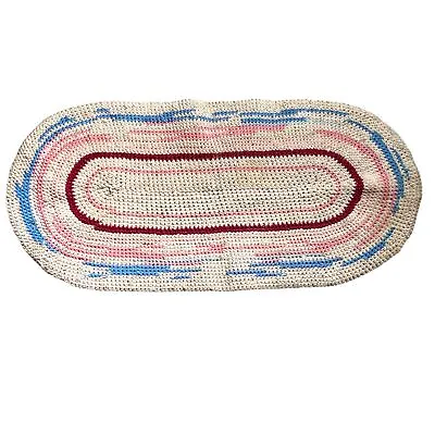 Vintage Handmade Oval Crochet Throw Rug 46” X 22” Pastels Pink Blue Red Cottage • $27.18