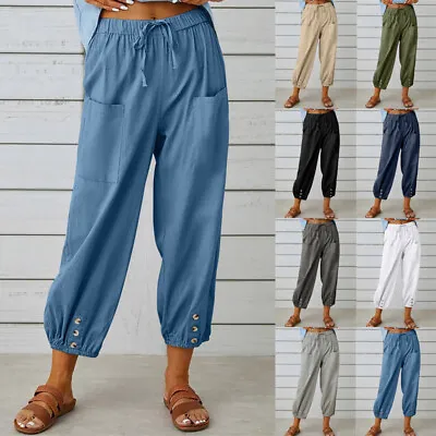 Summer Womens Cotton Linen Baggy Casual Harem Pants Ladies Trousers Solid • £10.75