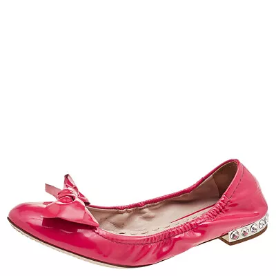Miu Miu Pink Patent Leather Crystal Embellished Bow Ballet Flats Size 38 • $115.50