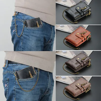 Mens Bifold Leather Wallet With Chain RFID Blocking Double Zip Coin Short Purse • $9.85