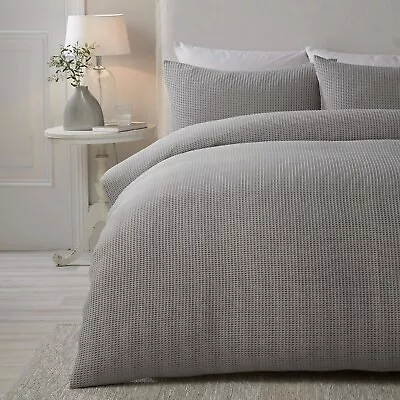 Duvet Cover Bedding Set Lindly Washed Effect Waffle Weave Textured Serene Silver • £18.89