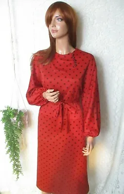 Vintage 80s As 1940s 18 Red Black Spotty Polka Dot Dress Asymmetric Button Neck • £19.99