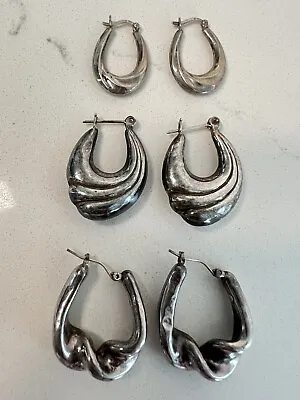 Set Of 3 STERLING SILVER 925 Hollow Hoop Earrings Puffed Modernist Unique Design • $39