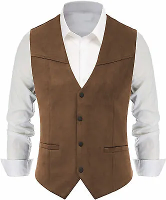 Cowboy Mens Vest Suede Hunting Waistcoat Groom Vintage Retro Slim Fit Classic++ • $54.99