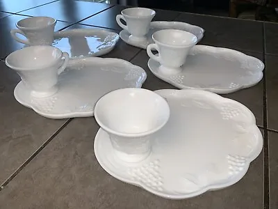 Set Of Five Indiana Glass Harvest Grape Milk Glass Luncheon Snack Plates W/Cups • $16.99