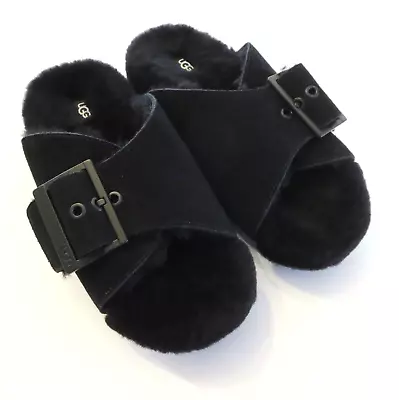Ugg Outslide Buckle Sandals (8) Slides Black Sheepskin Suede 1125048 Womens NEW • $69.99
