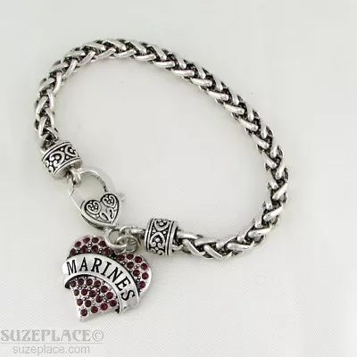 New Marine Red Crystal Heart Charm Silver Bracelet Heart Clasp Military • $14.95