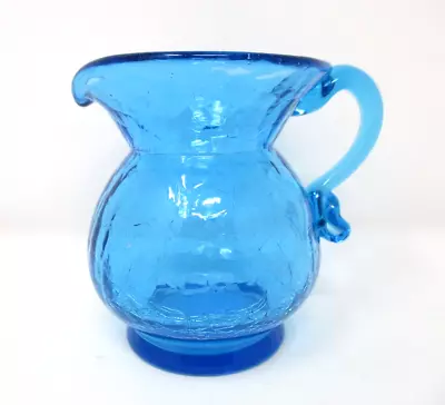 Vintage Crackle Glass Pitcher Blue Small Vase Hand Blown 3.5 Inch Tall • $19.99