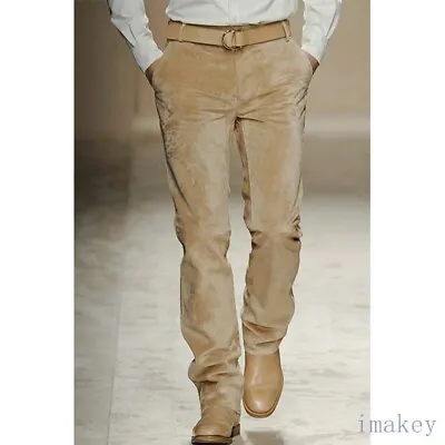 Mens Suede Pants Straight Work Wear Long New Trousers British Vintage Style Chic • $78.85