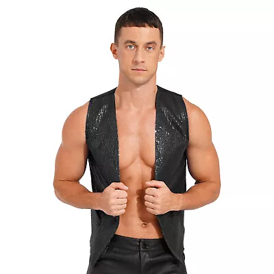 Mens Sequin Vest Shiny Suit V-Neck Party Dress Stylish Tailcoat Waistcoat Jacket • $13.70