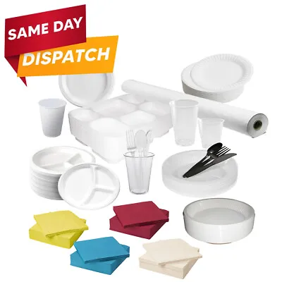 Disposable Tableware Sets Banquet Roll Paper Plates Napkins Plastic Cups Straws • £6.60