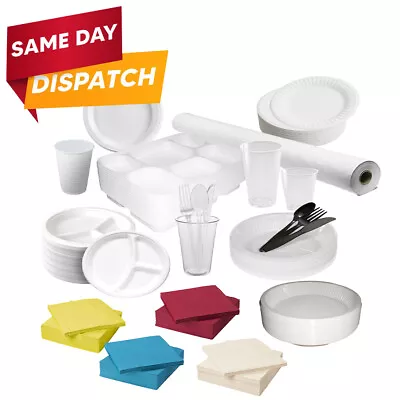 Disposable Tableware Sets Banquet Roll Paper Plates Napkins Plastic Cups Straws • £7.55