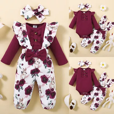 Newborn Baby Girls Floral Ruffle Tops Pants Clothes Set Jumpsuit Romper Outfits • £9.19