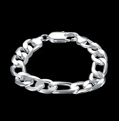 8  Mens 925 Sterling Silver 12mm Figaro Cuban Flat Link Chain Bracelet #BL429 • $11.99