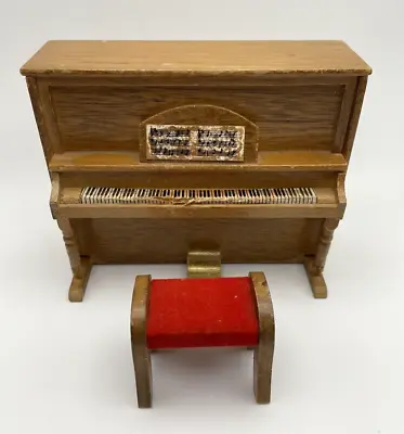 Vintage Dollhouse Miniature Wooden Piano And Piano Bench With Red Velvet Seat • $14.95