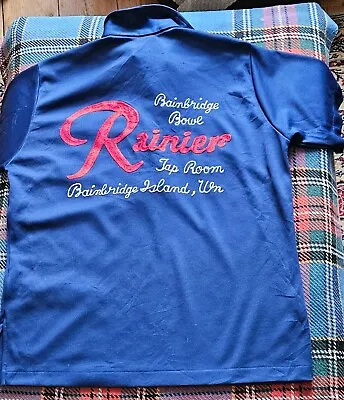VTG Bowling Shirt Medium Chain Stitch Double Rib Knit USA 70s Blue Banlon 40   • £35