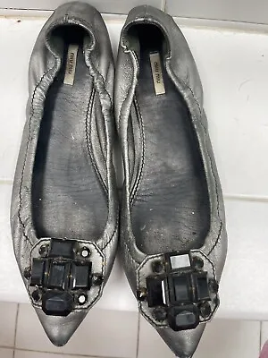 Miu Miu Silver Pewter Leather Jeweled Flats Size 38 • $65