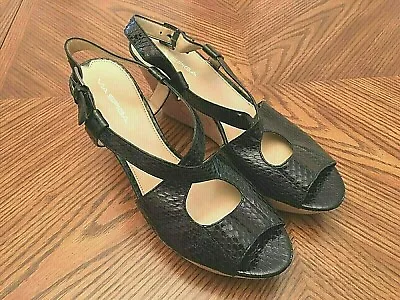 New VIA SPIGA Black Animal Print Leather High Heel Cork Wedge Sandals Size 10.5M • $19.99