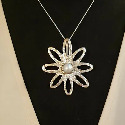 Sterling Silver 9mm MABE PEARL Large Cutout Flower Necklace 18  Chain + Bonus • $53.06