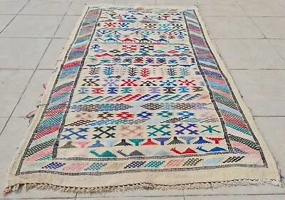 Hand Knotted Vintage Morocco Sumouk Pictorial Kilim Wool Area Rug 4.6 X 2.9 Ft • $14.25