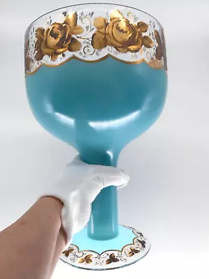 Unique Hand-Painted  Nouveau Art Glass Goblet Bowl Vase Green Teal 12” Tall • $54.50