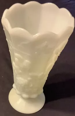 Vintage White Milk Glass Ornate Grape Leaves Flower Vase 9 Inches • $12