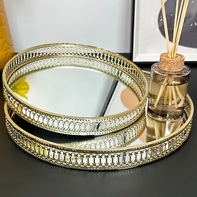 2pc Gold Mirror Tray Round Ornate Metal Decorative Serving Candle Plate Gift Set • £30