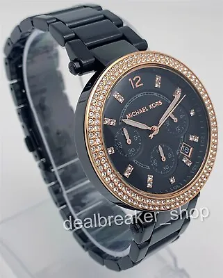 $129 • Buy MICHAEL KORS MK5885 Parker Chronograph Rose Gold Bezel Black Ladies Wrist Watch