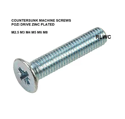 Countersunk Machine Screws M2.5 M3 M4 M5 M6 M8 Flat Head Pozi Drive Zinc Plated • £3.87