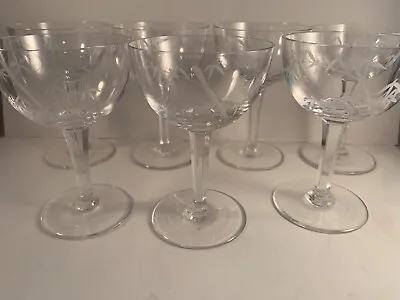 Vintage Stemware Etched Glass Set (7) Gray Cut Bamboo Wine Multi-Side Stem • $35.59