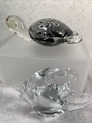 Clear Fish And Sea Turtle Black Glass Paperweight Figurine 2 Pc Set Murano Style • $29.97